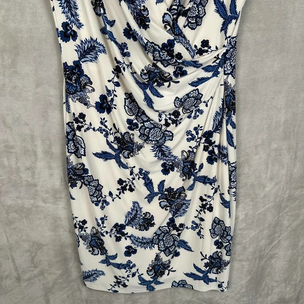 Ralph Lauren LRL Dress Womens 12 Blue Floral Faux Wrap Ruffle Sleeve Office_3